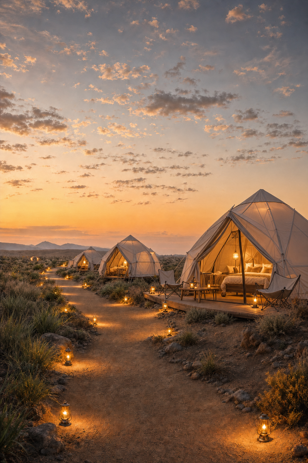 Modern dome glamping tents in desert evening light