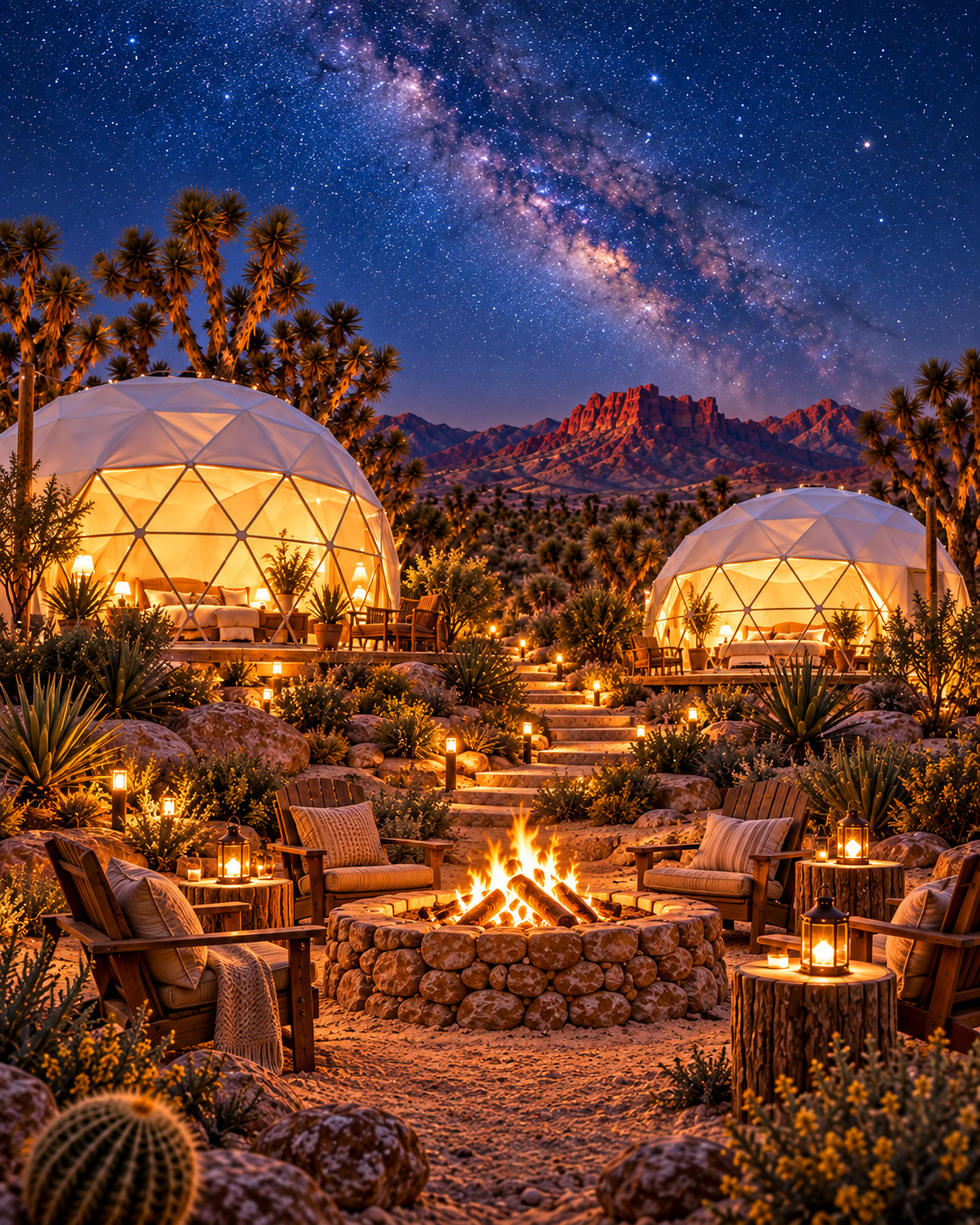 Desert glamping campfire scene under the stars